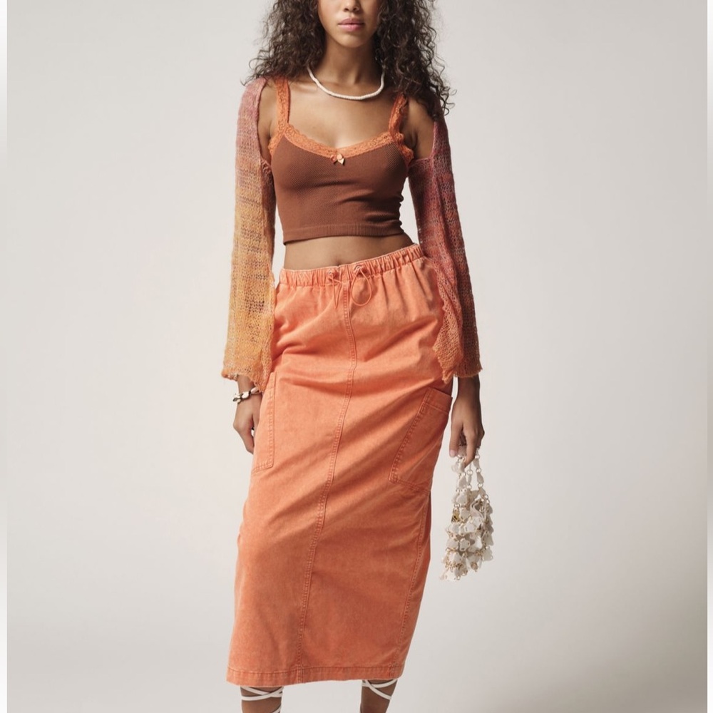 Urban Outfitters BDG Ulla Cargo Midi / Maxi Adjustable Waist Orange Denim Skirt